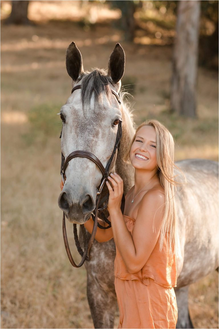San Luis Obispo Equestrian session with blonde woman and grey horse by Elizabeth Hay Photography. 