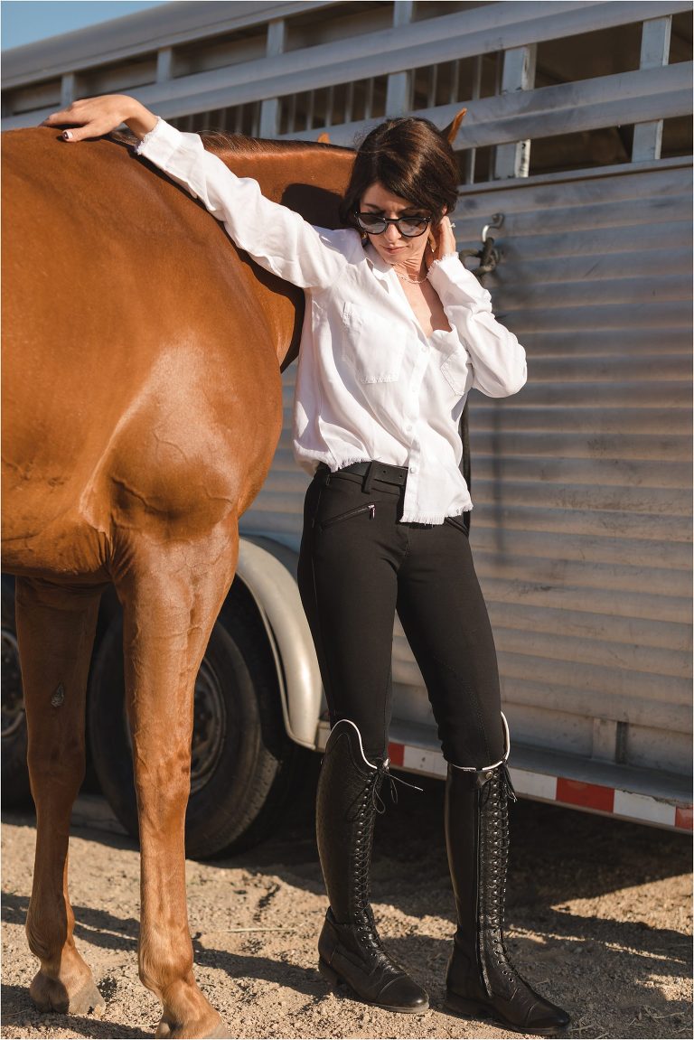 Milton Menasco x Celeris UK bespoke riding boot equestrian fashion shoot by Elizabeth Hay Photography with chestnut quarter horse mare