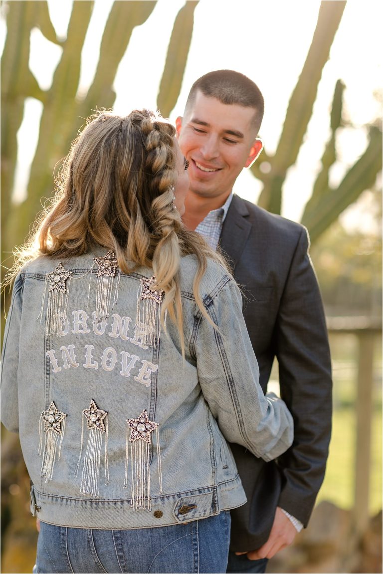 Western Engagement session personalized denim jacket "Drunk in love" by Elizabeth Hay Photography