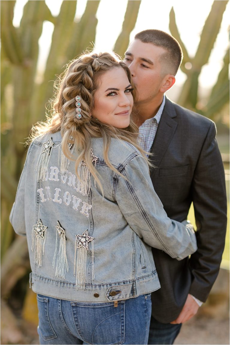 Western Engagement session personalized denim jacket and turquoise jewelry by Elizabeth Hay Photography