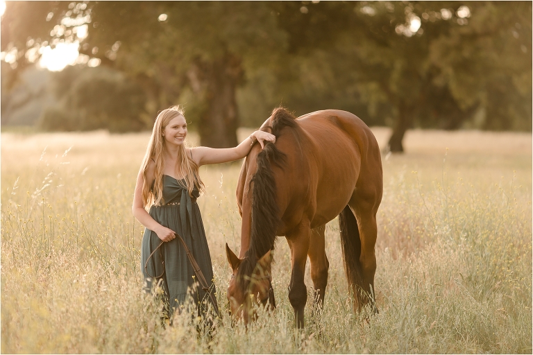 Equestrian Senior session with a girl and her bay horse in a golden field by California Equine Photographer Elizabeth Hay Photography.