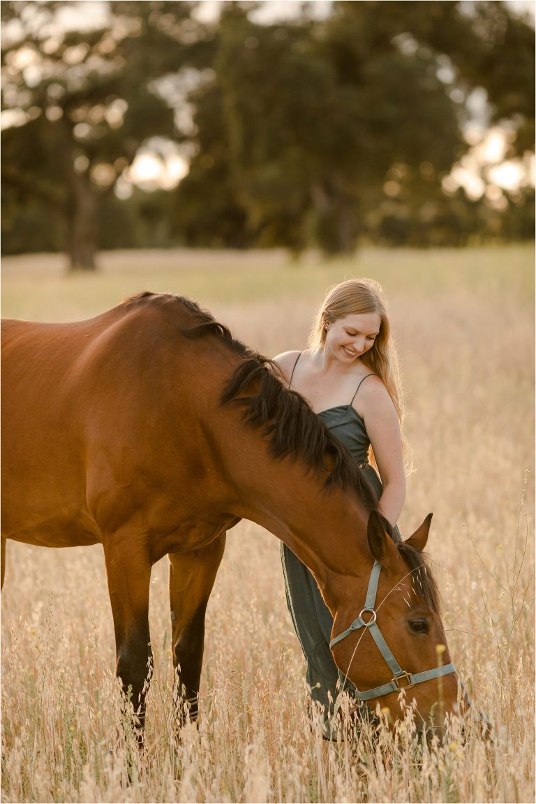 Equine Senior session with a blonde girl and her horse in a golden field by California Equine Photographer Elizabeth Hay Photography.