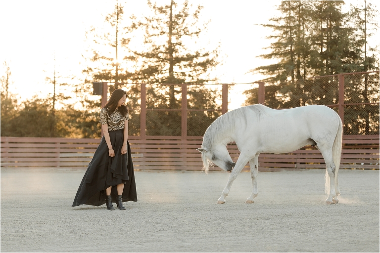 Woodside Equestrian Photo Session with woman and horse bowing at the Horse Park at Woodside by California Equine Photographer, Elizabeth Hay Photography.