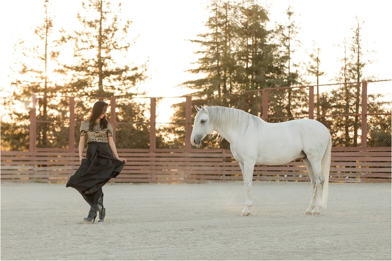 Woodside Equestrian Photo Session with woman wearing couture and Lusitano horse at the Horse Park at Woodside by California Equine Photographer, Elizabeth Hay Photography.