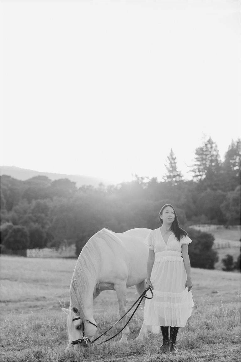 black and white image of woman and Lusitano gelding by California Equine Photographer Elizabeth Hay Photography