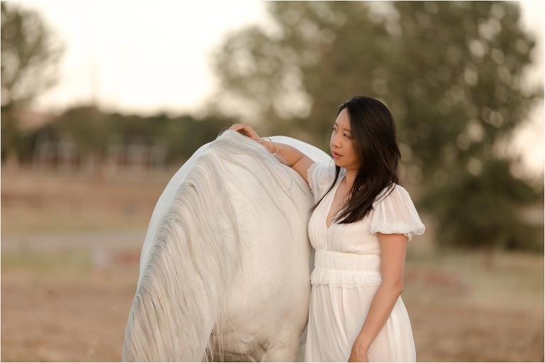 woman and white Lusitano gelding at sunset by California Equine Photographer Elizabeth Hay Photography