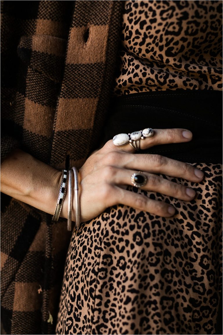 Western Fashion Style Inspo on the farm with Lindsay Branquinho by Elizabeth Hay Photography featuring cheetah print and white buffalo ring