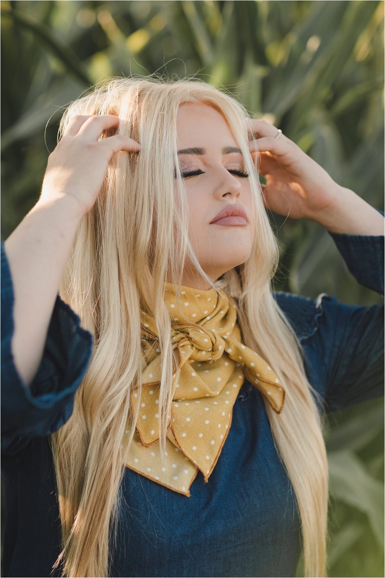 Blonde girl wearing denim top and yellow wild rag by California Equine Photographer Elizabeth Hay Photography.