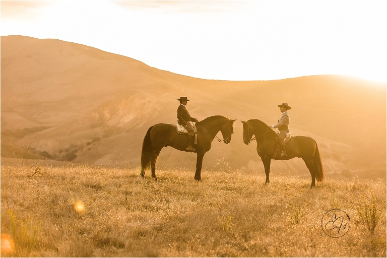 California Equine Photography workshop by April Visel in Santa Ynez, California with images of two men and horses in field by Elizabeth Hay Photography.