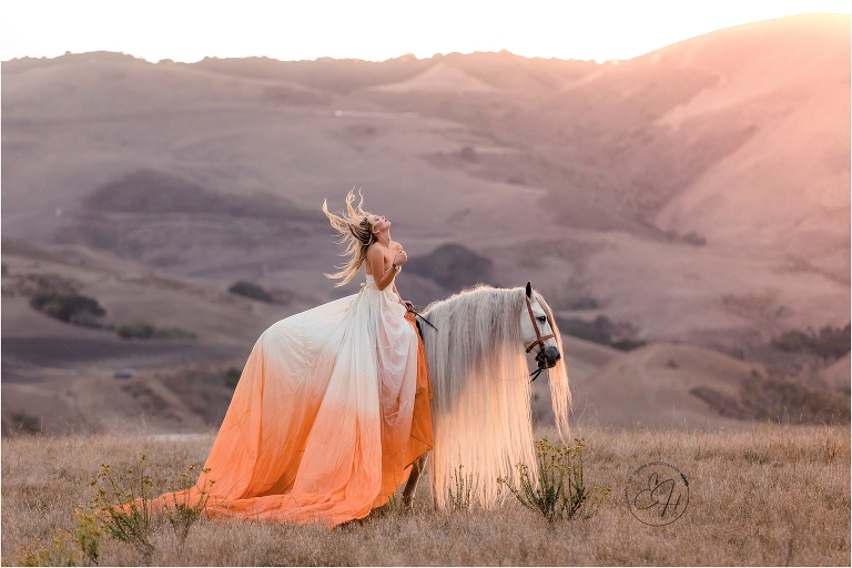California Equine Photography workshop by April Visel in Santa Ynez, California with images of blonde woman and Andalusian stallion in field by Elizabeth Hay Photography.