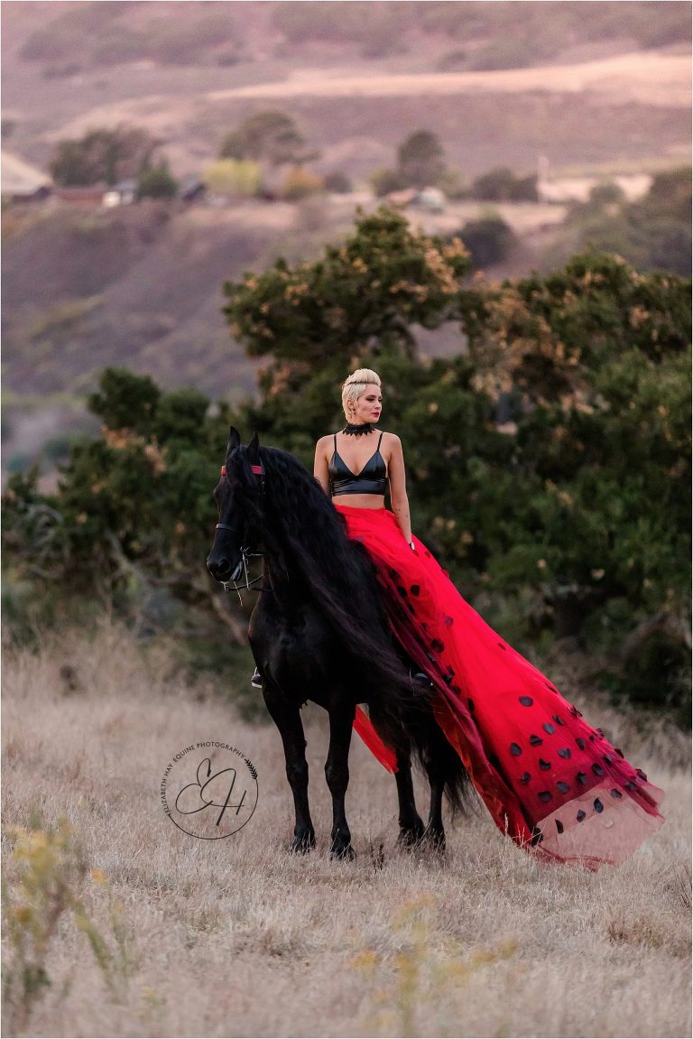 California Equine Photography workshop by April Visel in Santa Ynez, California with image of woman wearing a red tulle skirt and a Friesian stallion in a field by Elizabeth Hay Photography.
