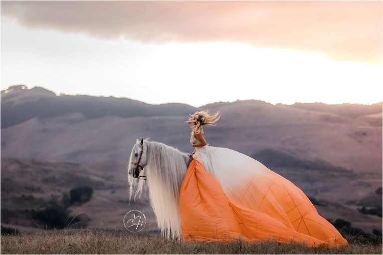 woman wearing orange parachute dress while riding a grey Andalusian stallion shot by California Equine Photographer Elizabeth Hay Photography. 