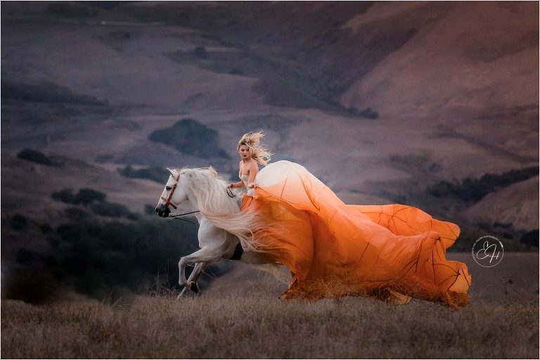woman wearing orange and white parachute dress while cantering a grey Andalusian stallion shot by California Equine Photographer Elizabeth Hay Photography. 