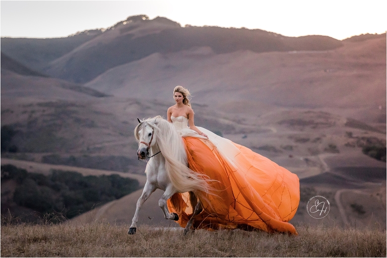 Blonde woman wearing orange and white parachute dress while cantering a grey Andalusian stallion shot by California Equine Photographer Elizabeth Hay Photography. 