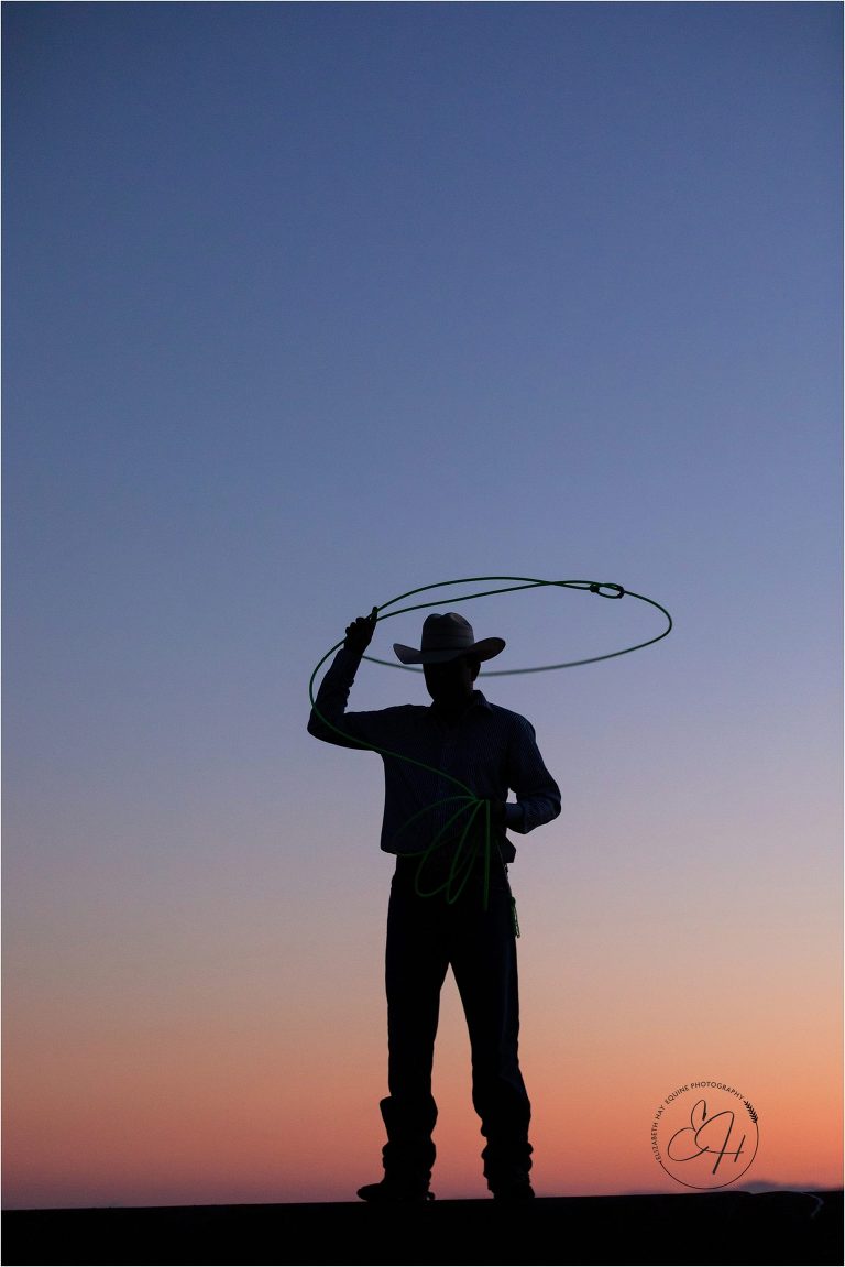 sunset silhouette of cowboy by California Horse Photographer Elizabeth Hay Photographer