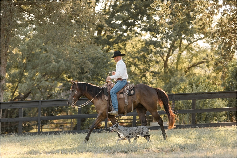 cowboy riding horse with dog by California Equine Photographer Elizabeth Hay Photography