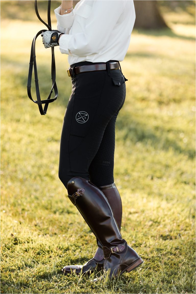 Free Ride Equestrian black breeches, Clovis Equestrian Gloves and White riding top by Solid Citizen Equestrian apparel.