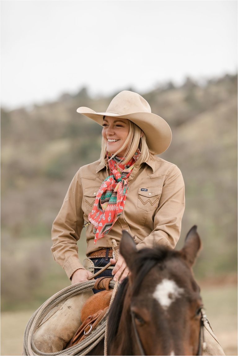 Blonde woman at a Western Wild Rags Photoshoot with Buck Wild Rags in Bakersfield by California Horse Photographer Elizabeth Hay Photography.