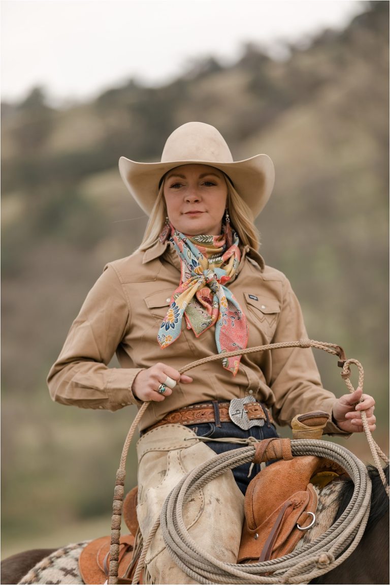 blonde cowgirl at a Western Wild Rags Photoshoot with Buck Wild Rags in Bakersfield by California Horse Photographer Elizabeth Hay Photography.