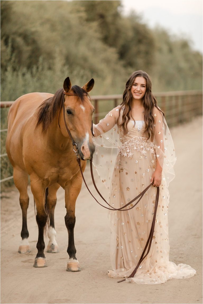 Senior Equine Photography session with California Equine Photographer Elizabeth Hay Photography of Shae and her mare. Shae is wearing a nude colored star dress rented from EHP. 