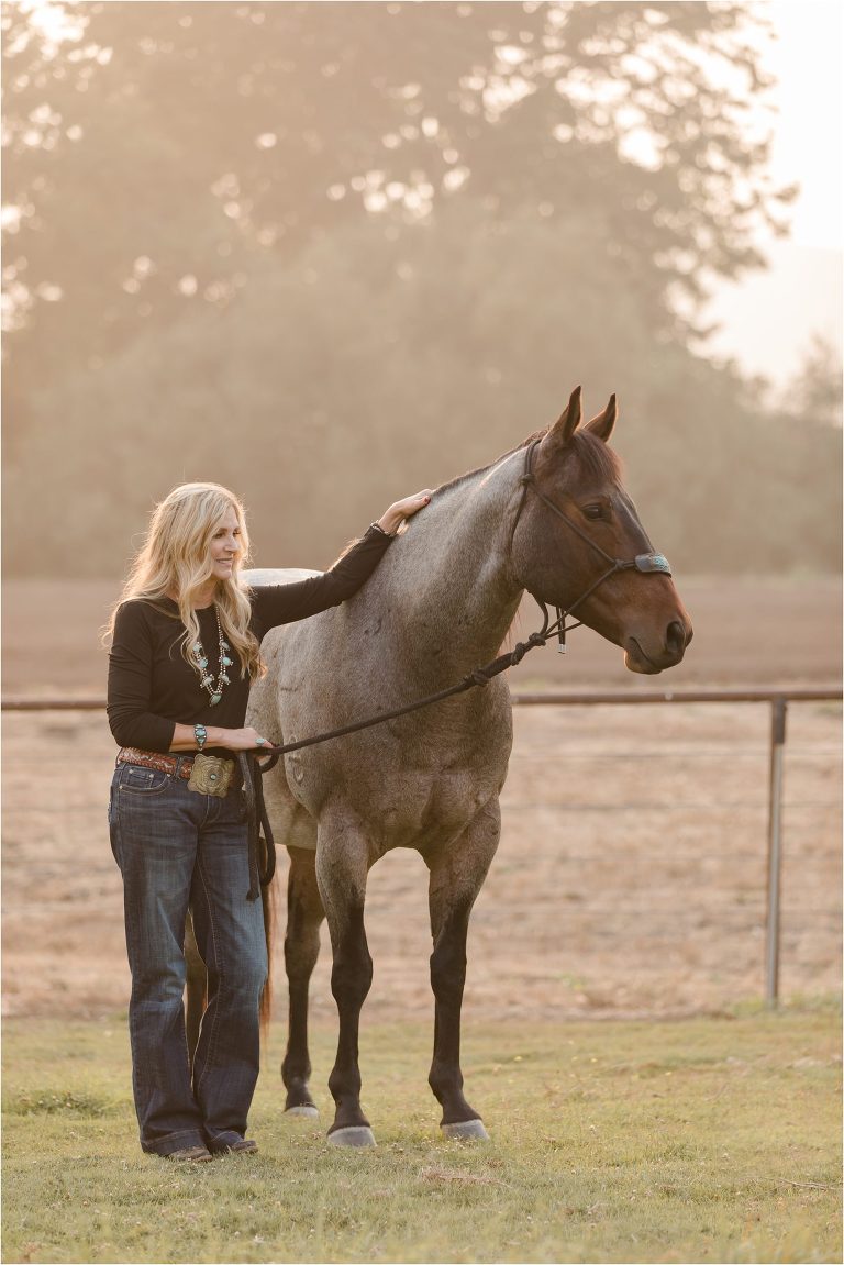woman and roan barrel racing horse by Central Coast equine photographer Elizabeth Hay Photography